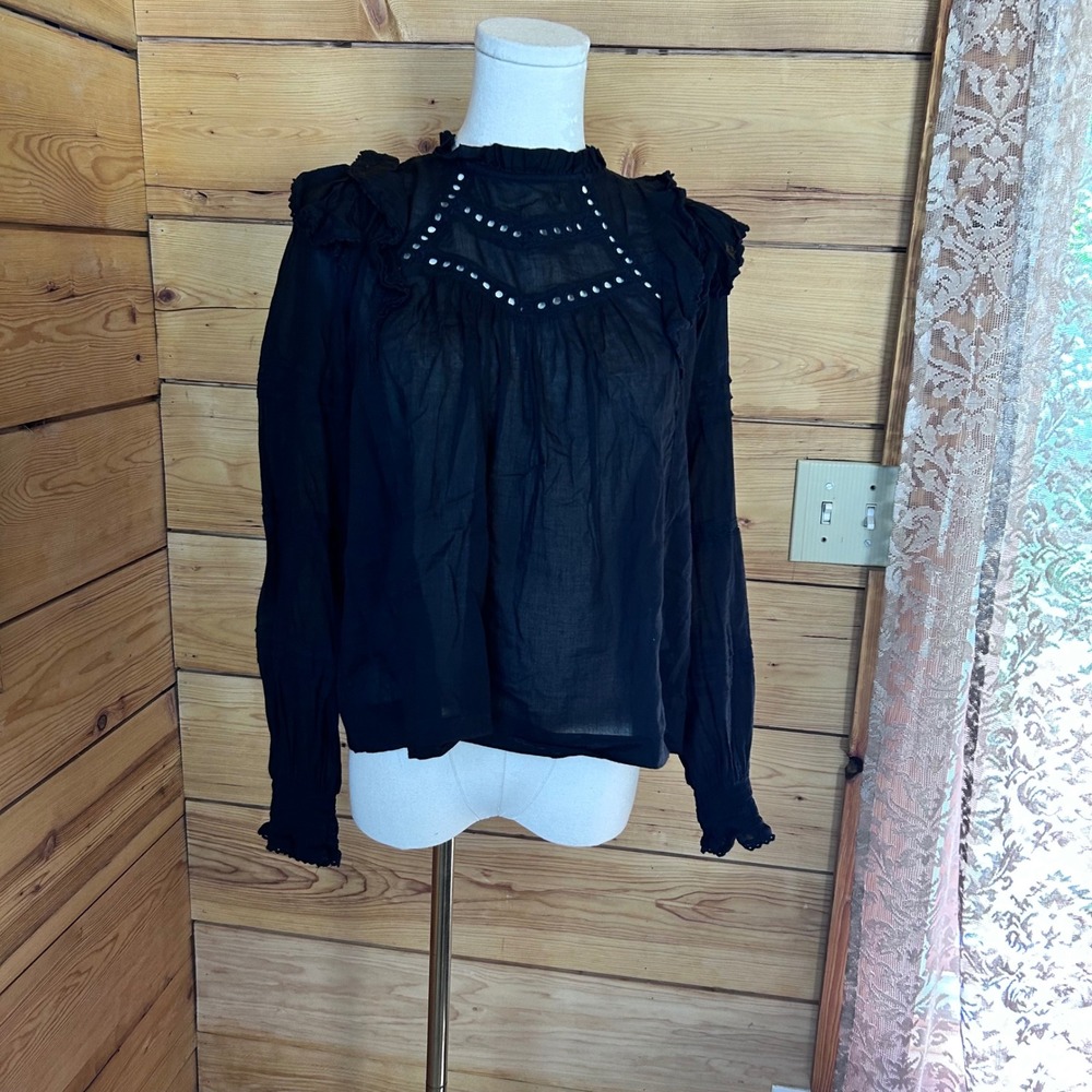 Simkie Voile Blouse Womens Small Black Ruffle Mock Neck Lace Cotton Neo Noir